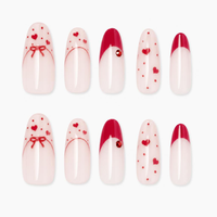 Faux ongles à presser style ballerine, motif nœud rouge et cœur, réutilisables pour femmes