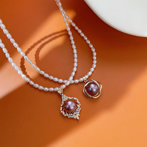 Collar de Perlas Edison Púrpuras de 11-12 mm con Colgante de Perlas de Arroz Pequeñas de 3-4 mm para Mujer, Chapado en Oro de 14k, Collares de Lujo - Product Image 4