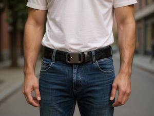 เข็มขัดหนังถักสำหรับผู้ชาย 4.0 ซม. X 125 ซม. หัวเข็มขัดเหล็กสีดำ สไตล์ลำลอง - Product Image 2