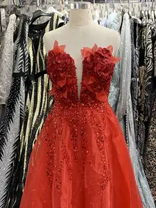 אדום רקום פאייטים פיצול כבוי כתף שמלות חתונה בתוספת גודל שמלת ערב