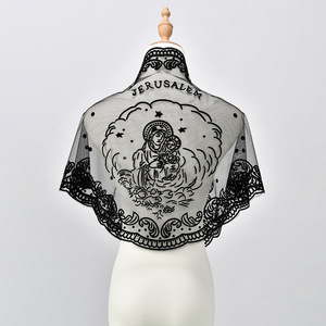 Lusso <span class=keywords><strong>pizzo</strong></span> <span class=keywords><strong>nero</strong></span> vergine maria motivo religioso ricamato sciarpa trasparente triangolo <span class=keywords><strong>scialle</strong></span> della chiesa per le donne - Product Image 2