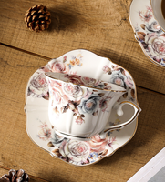 Service à thé en porcelaine fine plaqué or style élégance européenne, motif rose bleue vintage - Tasses et soucoupes sans BPA, compatibles lave-vaisselle
