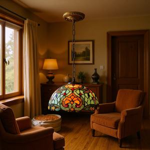 Lustre en fer forgé de luxe Ouhaodi, style européen rétro, verre teinté, éclairage de restaurant, comptoir de bar, hôtel, bureau, villa, milieu - Product Image 2