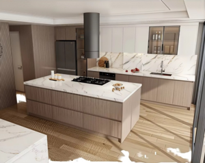 Meubles <span class=keywords><strong>de</strong></span> <span class=keywords><strong>cuisine</strong></span> modulaires durables en contreplaqué sur mesure avec <span class=keywords><strong>plan</strong></span> <span class=keywords><strong>de</strong></span> <span class=keywords><strong>travail</strong></span> en granit blanc et armoires basales en grain <span class=keywords><strong>de</strong></span> <span class=keywords><strong>noyer</strong></span> - Product Image 1