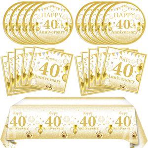 Juego de Platos, Servilletas y Mantel con Temática Blanca y Dorada para el 40.º <span class=keywords><strong>Aniversario</strong></span> de Bodas, ¡Brindemos por 40 Años! para Cumpleaños o <span class=keywords><strong>Aniversario</strong></span> - Product Image 1