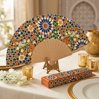 Éventail pliant en bois imprimé sur mesure, motif géométrique islamique arabesque, souvenir d'art du Moyen-Orient pour événement ou cadeau