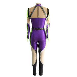 <span class=keywords><strong>Combinaison</strong></span> de danse majorette à franges vert néon violet, en maille à sequins découpée, à manches longues, pour spectacle sur scène - Product Image 3