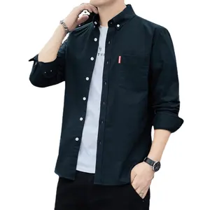 New Oxford woven long sleeve shirt men's slim solid color embroidered standard young casual foreign trade cross-border
