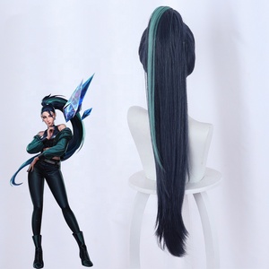 Vente en gros KDA Kaisa Peluca 80cm de long bleu foncé vert mixte League of Legends <span class=keywords><strong>LOL</strong></span> synthétique Anime Cosplay perruque avec une queue de cheval - Product Image 5