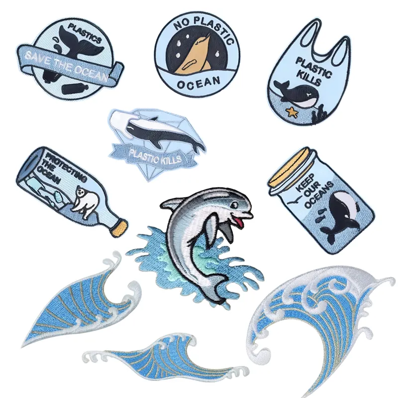 Biển spoondrift sóng động vật biển bảo vệ môi trường thiết kế thêu sắt trên các bản vá lỗi cho áo khoác