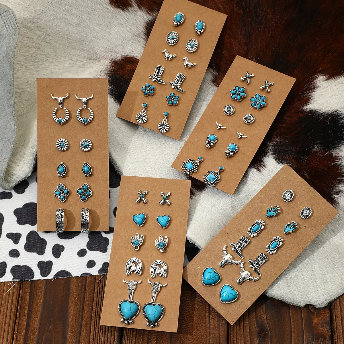 2023 Newest 6pairs/set Western Bohemian Cute Turquoise Cluster Heart Horse Concho Arrow Boots Cow Cactus Earrings