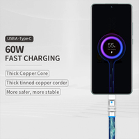 Kabel Silikon Lembut USB ke Tipe C PD66W dengan Lampu Biru, Kabel Transfer Data 480mpb, Pengisian Daya Super Cepat untuk Laptop Huawei Samsung