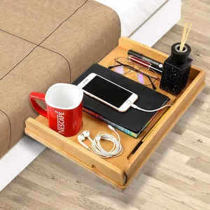 Mesita de noche de bambú para cama, dormitorio, mesita de noche con bandeja de gestión de cables, mesita de noche de madera, bandeja de mesa