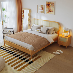 Modern Minimalist Rattan Solid Wood Bed 1.8m Platform Japanese Style Nordic Bedroom Furniture Double Bed for Master Room - Product Image 3