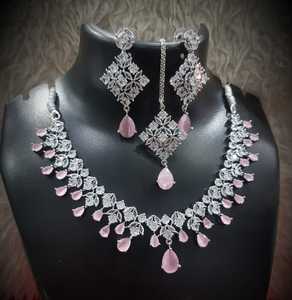 Contemporary Design White and Pink American Diamond Studded Triangular Necklace Earring <b>Fashion</b> <b>Jewellery</b> Set For Women - Product Image 6