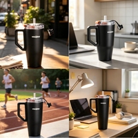 Lot de 2 gobelets isothermes VOLWESS en gros, tasses en acier inoxydable noir avec poignée et couvercle à paille pour les voyages et l'usage quotidien