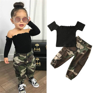 Mysweeby - Conjuntos de Ropa para Niñas Pequeñas, Camiseta de Manga Corta con Hombros Descubiertos y Pantalones de Camuflaje, 2 Piezas - Product Image 1