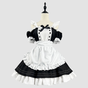 Cute Anime Lolita Maid Dress Black Polyester Summer 2023 Role Play Costume Set - Product Image 2