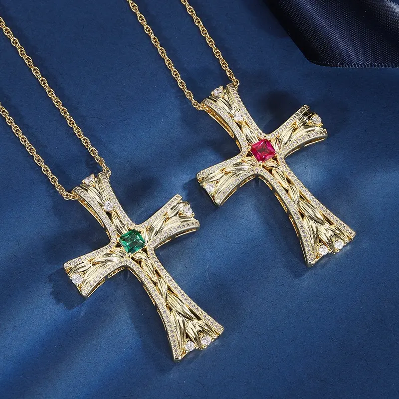 Christmas Emerald Gemstones Cross Necklace for Women Fine Crystals Vintage Jewelry Charms for Jewelry Making Belief Friends Gift