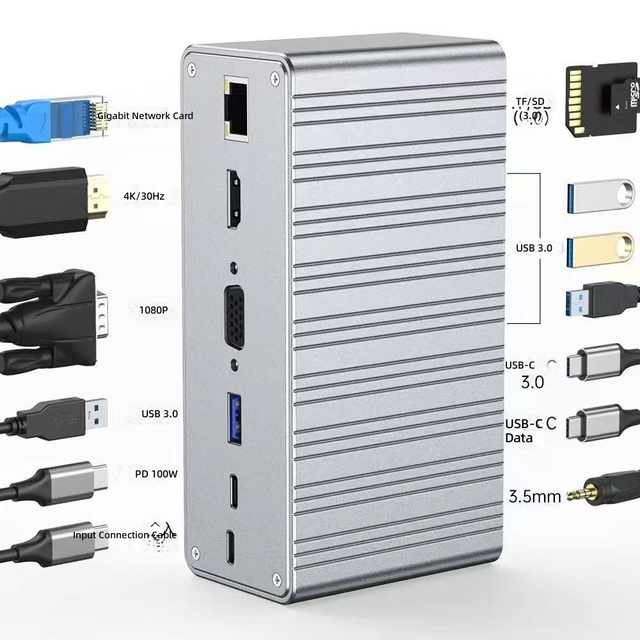 13in1 USB-C Docking Station, 4K HDTV VGA, Gigabit Ethernet, USB 3.0, SD/TF Card Reader, 100W PD Charging, 3.5mm Audio for Laptop