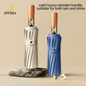 Parapluie pliant en trois sections avec manche en bois à 16 baleines, ouverture automatique, protection UPF50, revêtement noir, coupe-vent, pour affaires et voyages, personnalisable avec logo, vente en gros - Product Image 2