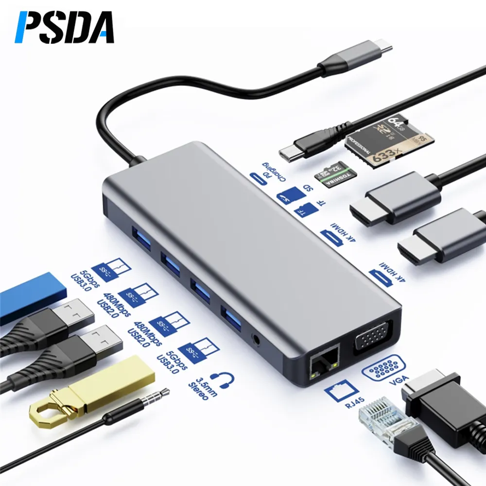 PSDA Mini 12 Trong 1 Loại C Usb 3.0 Hub Để RJ45 1000M Ethernt HDTV Tương Thích VGA Dock Trạm Cho Macbook Pro Air Máy Tính Xách Tay Trung Tâm