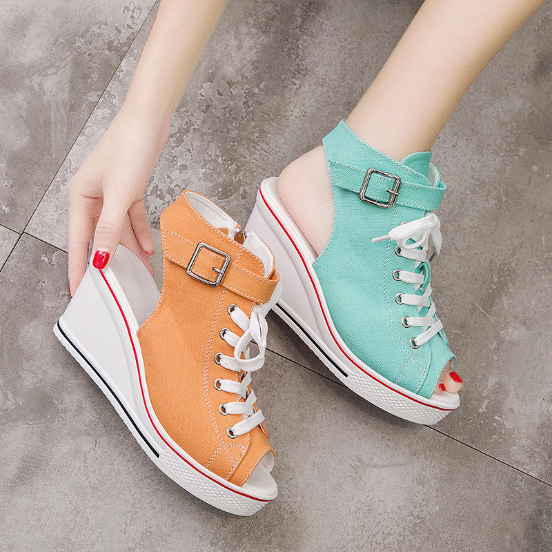 Big Size Canvas High Top Buckle Peep Toe Wedge Heel Shoes
