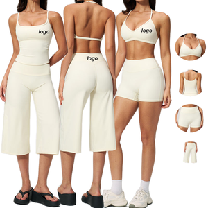 Custom Logo Solid Capri Yoga Sets Square Neck Crop <b>Top</b> Spandex/Nylon Removable Pads Strap <b>Vest</b> Gym Outfit Summer Breathable - Product Image 1
