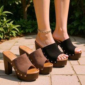 Sandales à talons pour femmes, bout ouvert, talon épais, plateforme antidérapante, couleur unie avec pierres, pour l'extérieur - Product Image 1