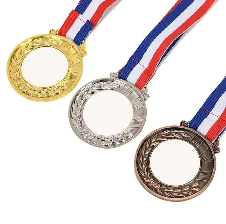 Medallas de bronce y plata doradas personalizadas de alta calidad, medallas de sublimación en blanco para prensa de calor