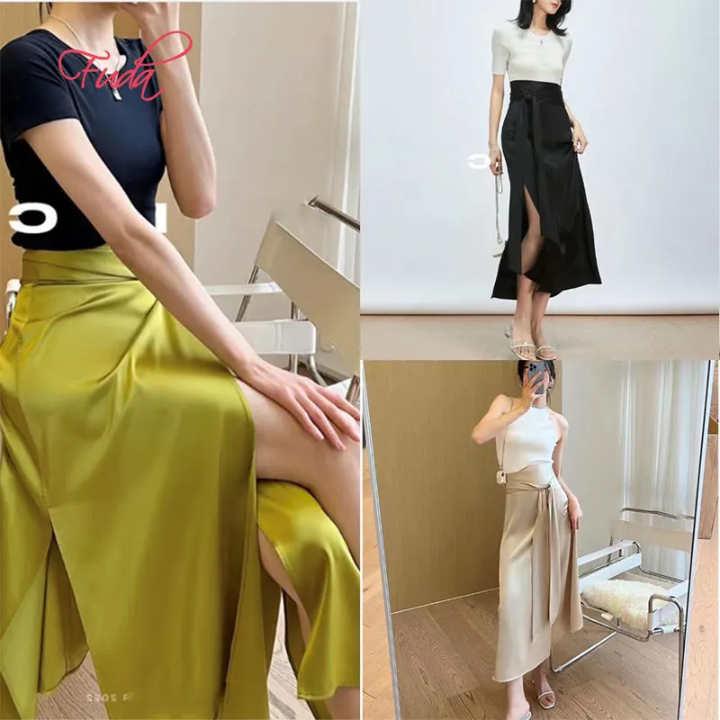 FUDA AB290 Summer Trendy Midi Maxi Long Pencil Wrap High Waist Silk Skirts Women Sexy Satin Skirt For Women