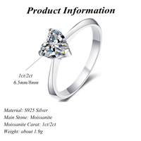 Moissanite S925 argent sterling 1-2 carat coeur amour bague pour dames bijoux de mariage classique avec placage rhodium par marque
