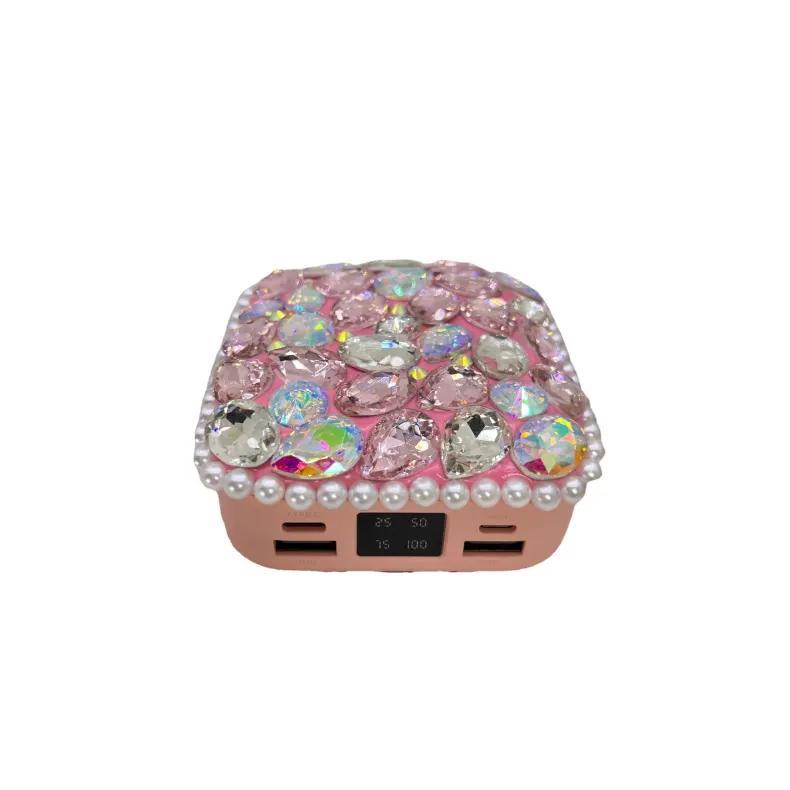 Diamond-encrusted charging bank with mirror with data cable mobile power super capacity two USB port charger