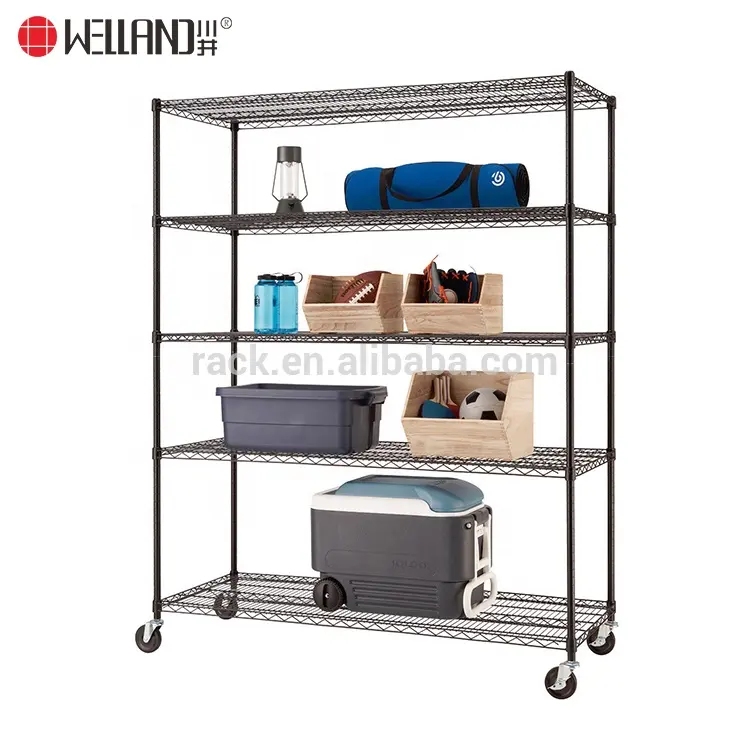 Alta Qualidade Móvel 5 Tiers Preto Garagem Prateleira De Arame Metal Shelving Unit Heavy Duty Rack Com Rodas