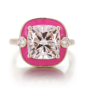 Anillo de Joyería Fina para Pareja, Diseño Original, Color Rosa, Diamante de Laboratorio, Oro Amarillo Sólido de 14k, Esmalte, Joyería Personalizada para Mujer - Product Image 1