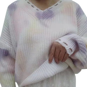CY Mujer Tie-dyed Spray Dyeing Knit Pullover Cable Combinación <span class=keywords><strong>Cuello</strong></span> redondo Diseño <span class=keywords><strong>de</strong></span> corte <span class=keywords><strong>de</strong></span> gran tamaño Collar Cuff Sweater - Product Image 3