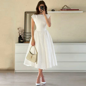 Abito <span class=keywords><strong>Midi</strong></span> <span class=keywords><strong>Bianco</strong></span> Personalizzato ODM OEM 2026 con Scollo a Barca Senza Maniche, Vita Alta, Linea A, Stile Vintage Casual per Donna - Product Image 2