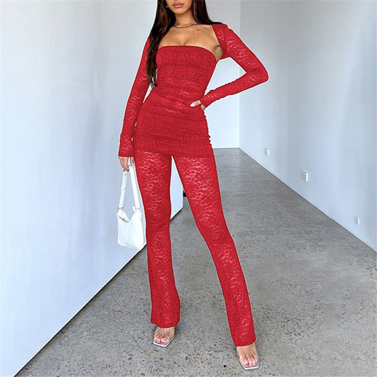 Sexy Lace Pants Sets 3 Pieces Women Crop Full Sleeve Shawl Slim Strapless Tops Hip Package Pant 2025 Spring Lady Elegant Outfits · image 4