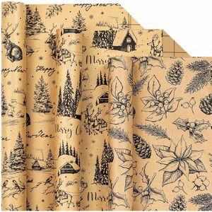Christmas Kraft Wrapping Paper Rolls 17x120in 42.5 Sq Ft Set Holiday Gift <b>Wrap</b> Santa Reindeer Pinecone Design - Product Image 1