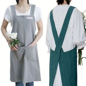Japanese Style Soft Cotton <b>Linen</b> Cross Back Bib Durable Waist <b>Pinafore</b> <b>Dress</b> with Pockets Non-Tie Design for Christmas - Product Image 1