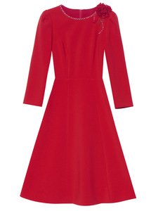 AELESEEN Robe rouge élégante et mince pour femmes Printemps Nouvel An Fleurs perlées Manches longues avec décoration à boutons Occasions importantes - Product Image 5