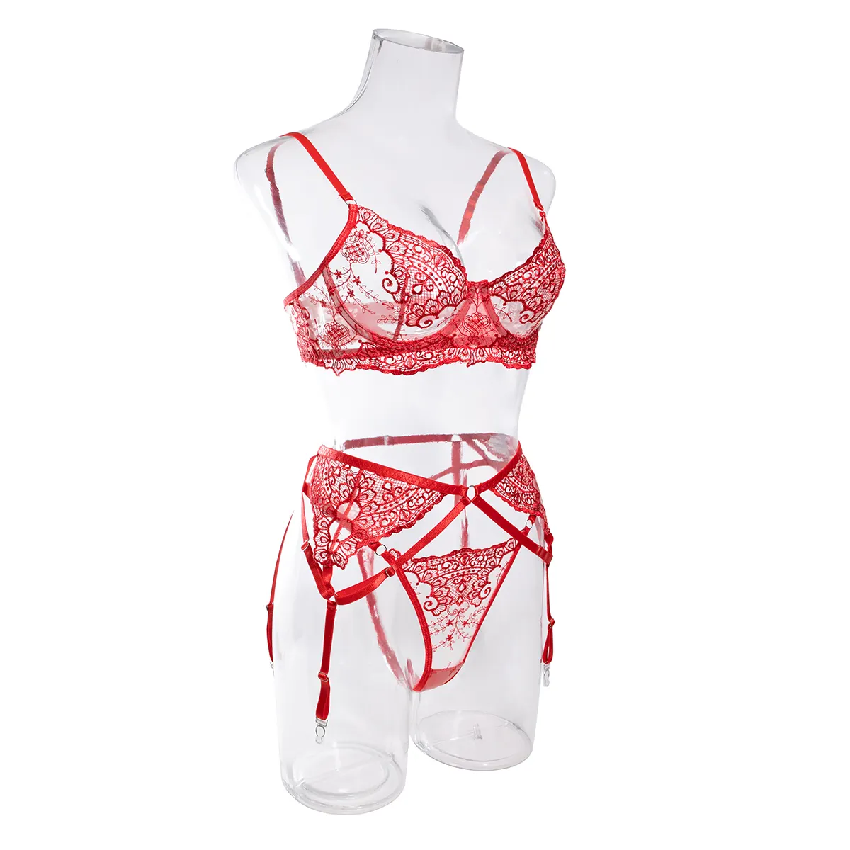 Floral Embroidery Low Price 2 Pieces Red Lace Sexy Lingerie Erotic Bra Set Ladies Transparent Mesh Mature Women's Underwear