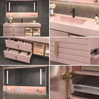 Meuble-lavabo flottant rose moderne à cannelures avec vasque, armoire miroir LED et rangement en verre cannelé pour projets hôteliers et d'appartements