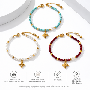 Stainless Steel Beaded Bracelet, Gold <b>Tone</b> Turquoise, <b>Red</b> or White with Faux Pearl and Flower Charm, Adjustable 18+3.5 cm - Product Image 1
