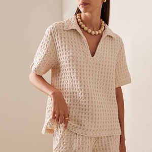 Suéter Casual Personalizado Antiarrugas con Cuello en V para Mujer, de Manga Corta, Tejido Waffle, 100% Algodón, para <span class=keywords><strong>Primavera</strong></span>, <span class=keywords><strong>Verano</strong></span>, Otoño e <span class=keywords><strong>Invierno</strong></span> - Product Image 3