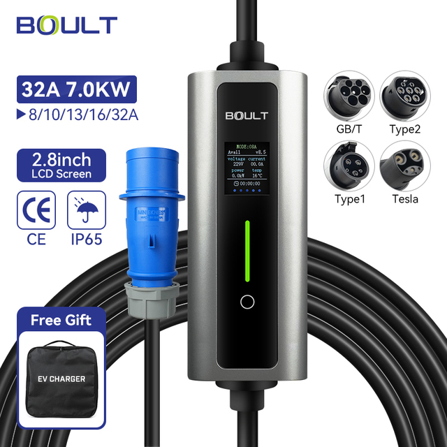 Universal 32A 3.5/7kw Type 1 Portable EV Charger J1772 Level 2 Charger with Blue Cee Plug for EU Car New Condition