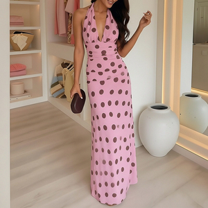 Vestido Largo Casual de Mujer sin Mangas con Cuello en V, Espalda Descubierta, con Cordones y Estampado de Puntos, Listo para Enviar, Personalizable, Directo de Fábrica, Vestido Maxi - Product Image 4