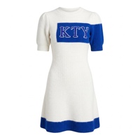 Nouvelle Arrivée 2026 – Robe Pull Tricotée Style Preppy Blanc et Bleu Contrastant à Manches Bouffantes, Col Rond, Mini-Robe Côtelée pour Femme