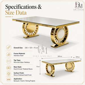 Table de banquet moderne en acier inoxydable doré avec plateau en verre miroir et double base ronde sur piédestal – Mobilier événementiel en gros - Product Image 4