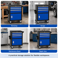 Coffre à outils roulant robuste en acier à 3 tiroirs avec verrou central et roues à frein bleu/noir pour garage et atelier – Commandes OEM